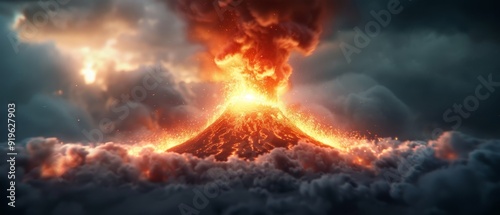  Volcano erupting, spewing lava amidst cloudy sky, orange glow from summit