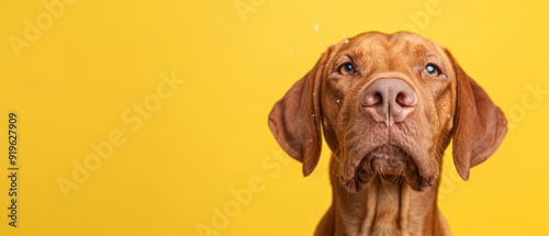 Wallpaper Mural  Close-up of a wet dog's face with water droplets splashing from its open mouth against a sunny, yellow background Torontodigital.ca