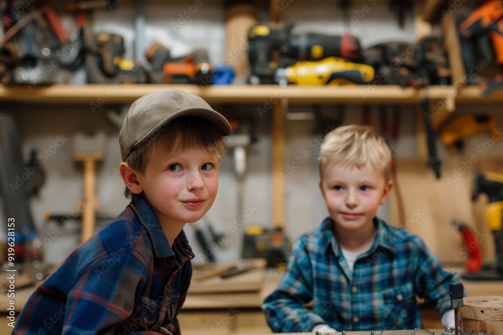 Little boys in workshop, Generative AI Little boys in workshop, Generative AI