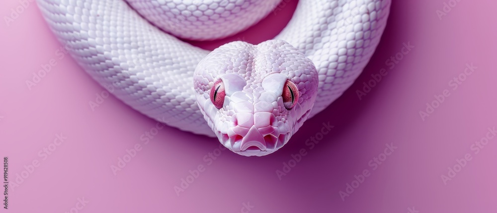 Fototapeta premium A pink snake, spotted, wraps in a white blanket on a pink background