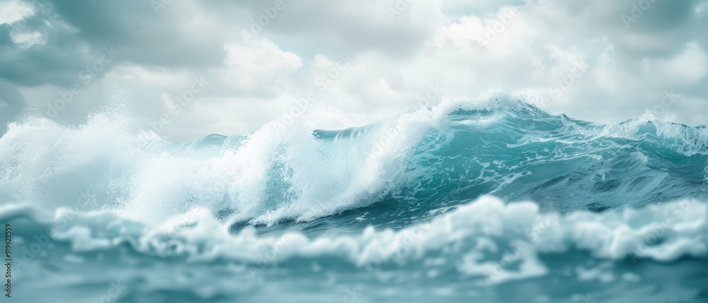 A large wave painting in the ocean, cloudy sky background, with scattered clouds A large wave painting in the ocean, cloudy sky background, with scattered clouds