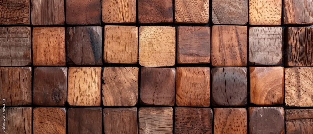 A tight shot of a wall constructed from diverse-sized wooden blocks, exhibiting various wood grain colors A tight shot of a wall constructed from diverse-sized wooden blocks, exhibiting various wood grain colors