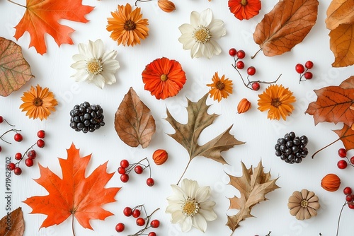 Autumn Flat Lay: Dried Leaves, Flowers, and Berries for Elegant Thanksgiving Decor