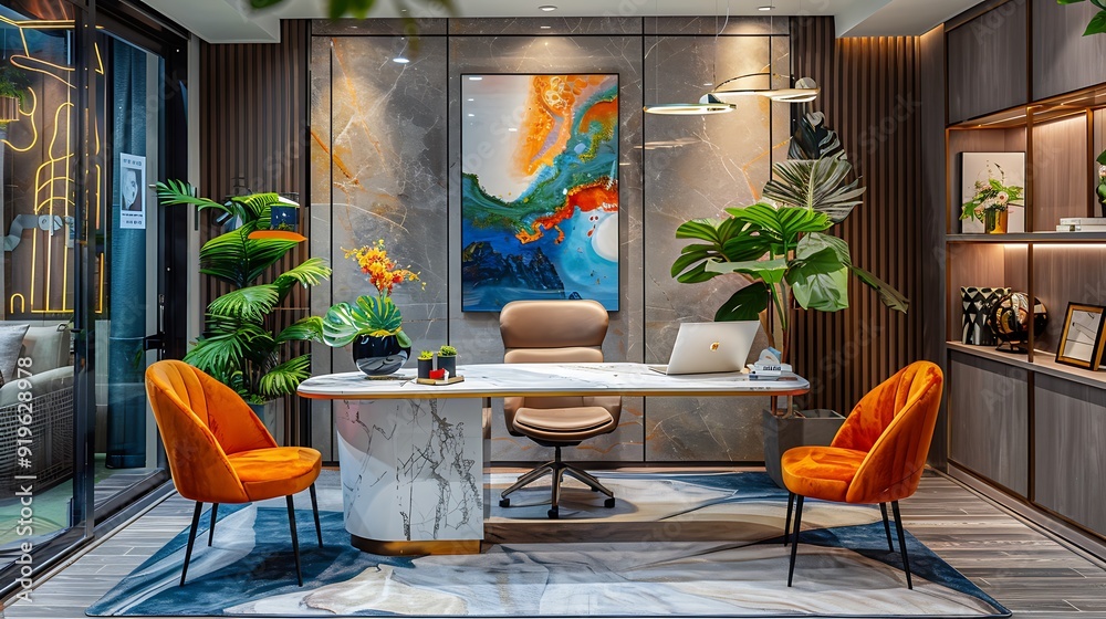 Obraz premium A stylish boutique office with unique decor, designer furniture including a marble desk and plush chairs, elegant lighting, contemporary artwork, and a warm, cozy ambiance,