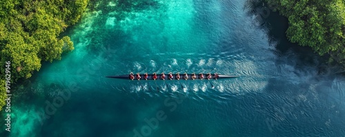 Aerial drone top panoramic view with copy space of sport canoe rowing synchronous athletes competing in tropical exotic lake, Generative AI photo