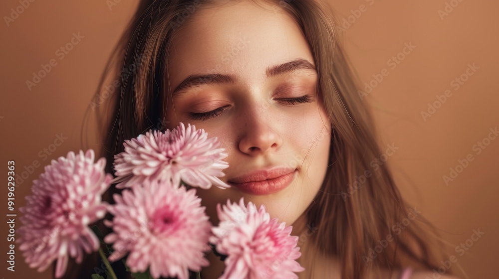Beautiful young women with bouquet of pink chrysanthemum flowers on brown background. International Women's Day Beautiful young women with bouquet of pink chrysanthemum flowers on brown background. International Women's Day