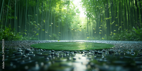 Lush Green Bamboo Forest with Sunlight Streaming Through Mist – Tranquil Nature Scene with Wet Pathway Background Wallpaper