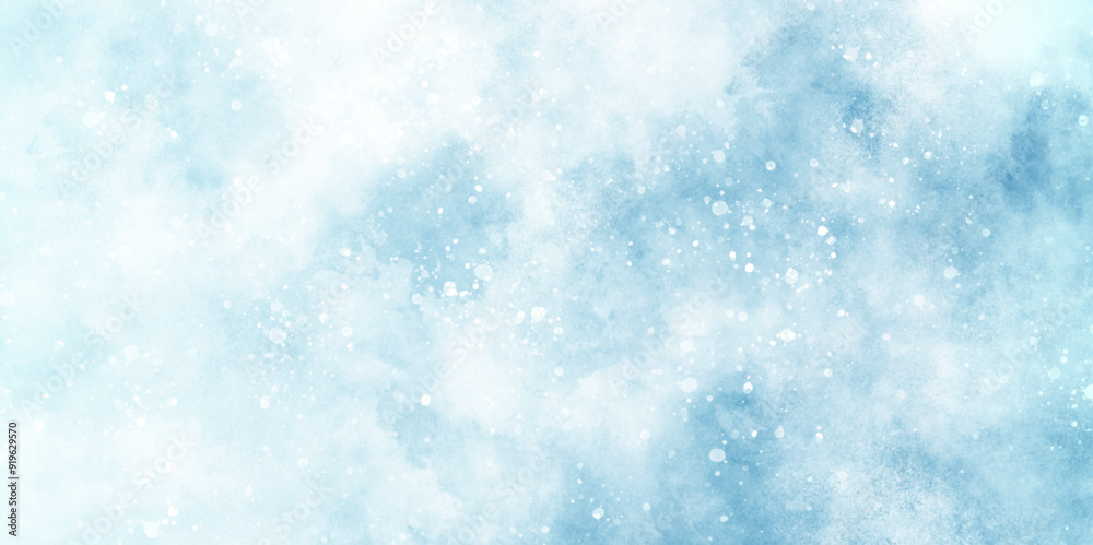 A winter background with snowflakes and randomized floating bokeh, blue snow background with clouds, light blue bokeh background for design, beautiful blue watercolor background with glitter particle. A winter background with snowflakes and randomized floating bokeh, blue snow background with clouds, light blue bokeh background for design, beautiful blue watercolor background with glitter particle.