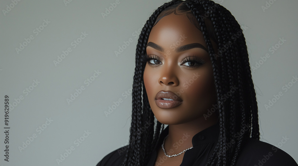 A confident plus-size model with long braids and a chic black outfit full height full height full height stands against a soft grey background, with diffused lighting highlighting A confident plus-size model with long braids and a chic black outfit full height full height full height stands against a soft grey background, with diffused lighting highlighting