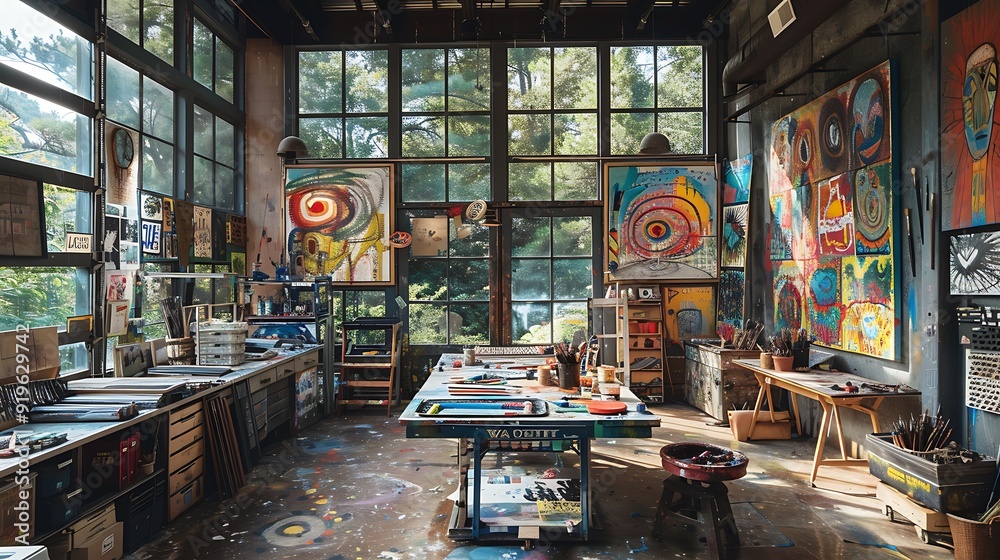 A vibrant artistic studio with colorful walls, inspirational paintings, and a variety of creative tools and supplies, featuring a large worktable cluttered with art materials, A vibrant artistic studio with colorful walls, inspirational paintings, and a variety of creative tools and supplies, featuring a large worktable cluttered with art materials,