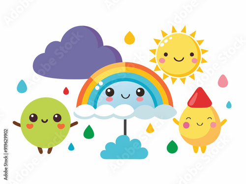 Cute weather characters. Cartoon funny season forecast emotion elements. Kids sun, happy rainbow, snowy cloud in hat, rain with umbrella on white background. Vector icons
