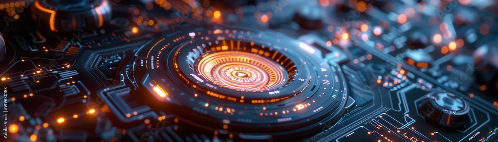 Close-up view of a modern circuit board with glowing lights and intricate patterns, showcasing technology and innovation. Close-up view of a modern circuit board with glowing lights and intricate patterns, showcasing technology and innovation.