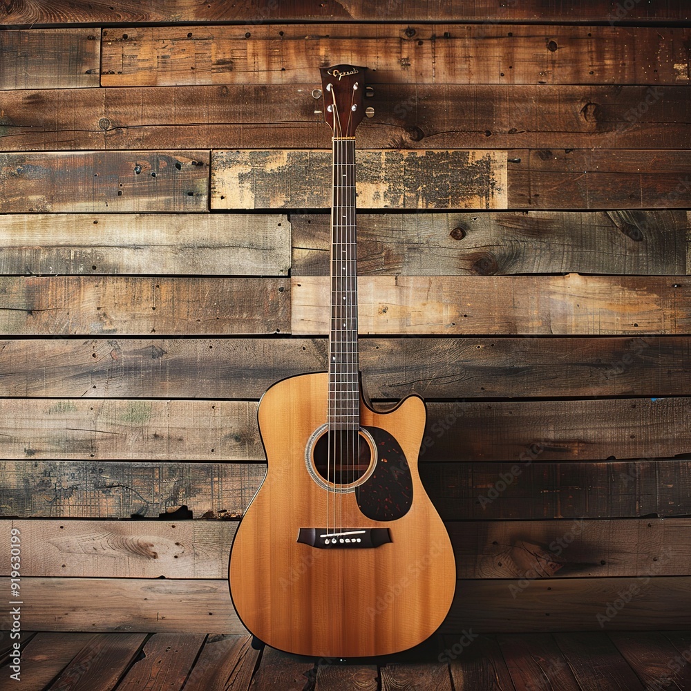 Acoustic Guitar Leaning Against a Wooden Wall, Capturing the Simplicity and Warmth of Folk Music