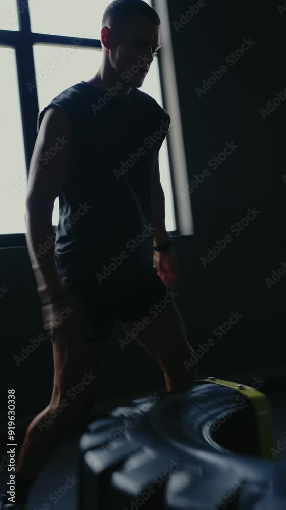 Man focusing on lifting a heavy tire in a dimly lit gym, showcasing strength, focus, and determination in this intense workout session. Perfect for fitness and bodybuilding themes. Vertical Man focusing on lifting a heavy tire in a dimly lit gym, showcasing strength, focus, and determination in this intense workout session. Perfect for fitness and bodybuilding themes. Vertical
