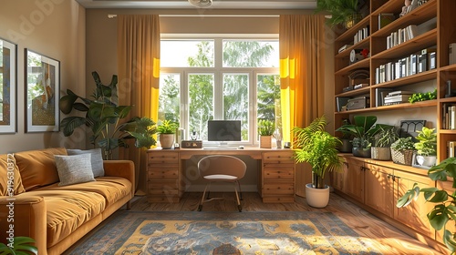 A warm and cozy home office with a comfy sofa, a vintage wooden desk, personal decor items like family photos and plants, large windows providing natural light, and a soft, homey ambiance, hd quality,