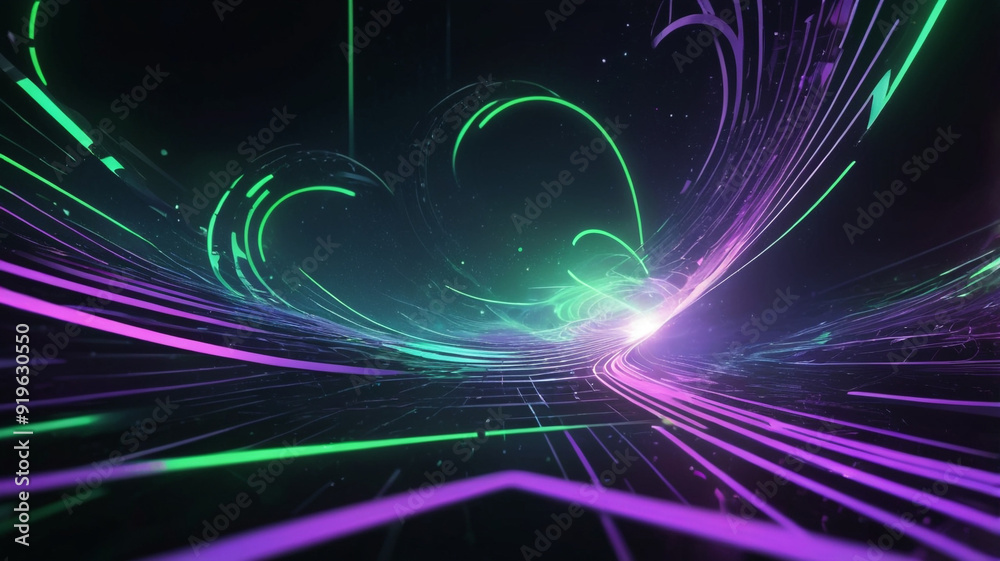 Obraz premium 3D Render of Futuristic Neon Background with Twisting Helix of Neon Green and Violet Lines in a Dark, Misty Digital Landscape, Evoking a Mysterious High-Tech Matrix