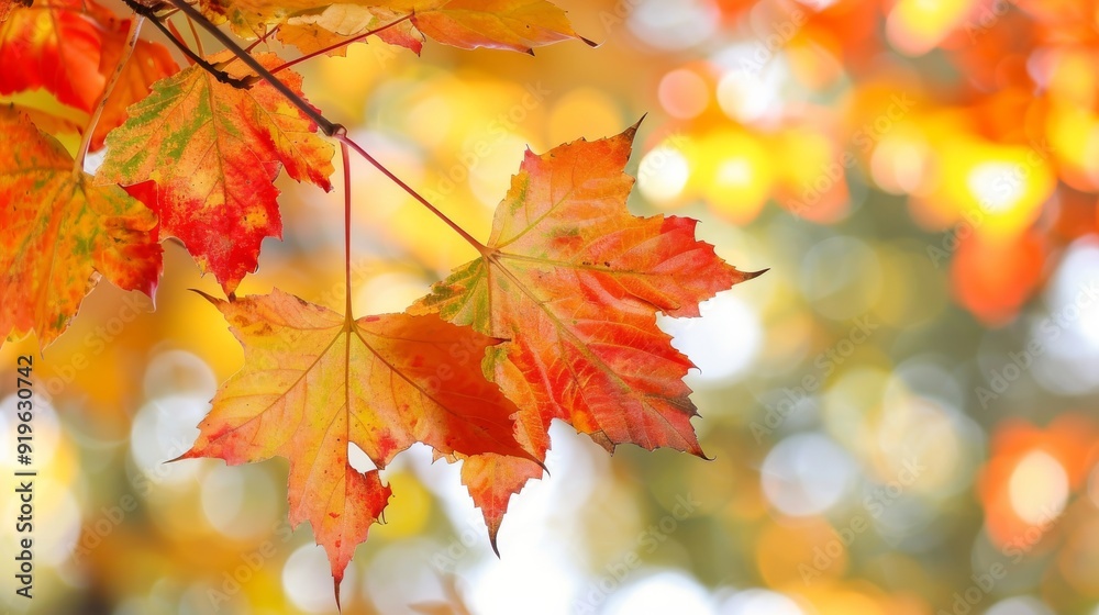 Autumn leaves glowing in sunlight with a soft bokeh background in a serene forest