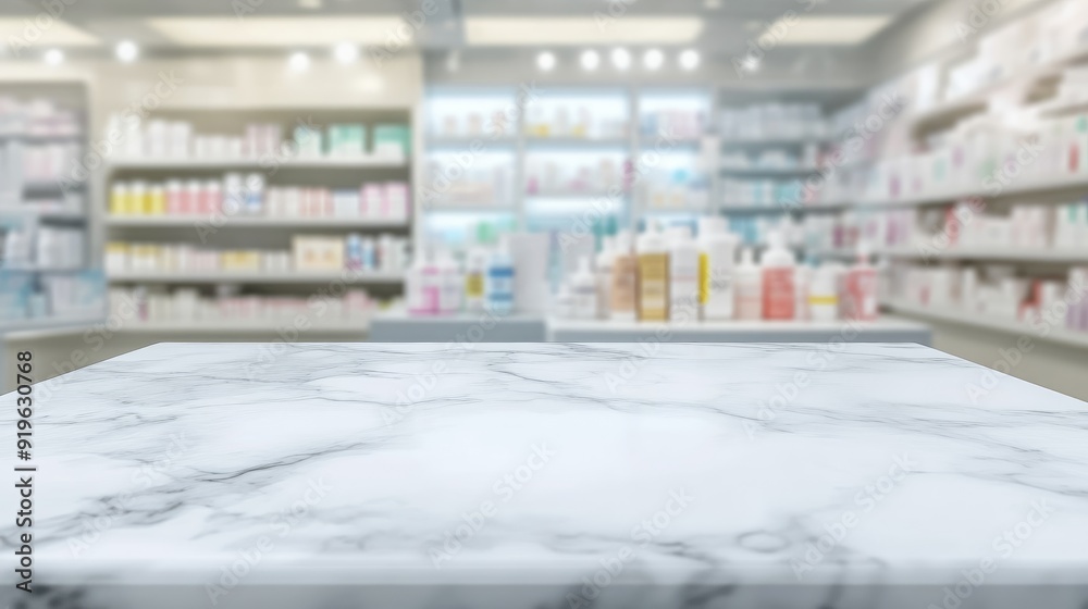 White marble tabletop with a softly blurred drugstore interior in the background, perfect for showcasing medical or health products. White marble tabletop with a softly blurred drugstore interior in the background, perfect for showcasing medical or health products.