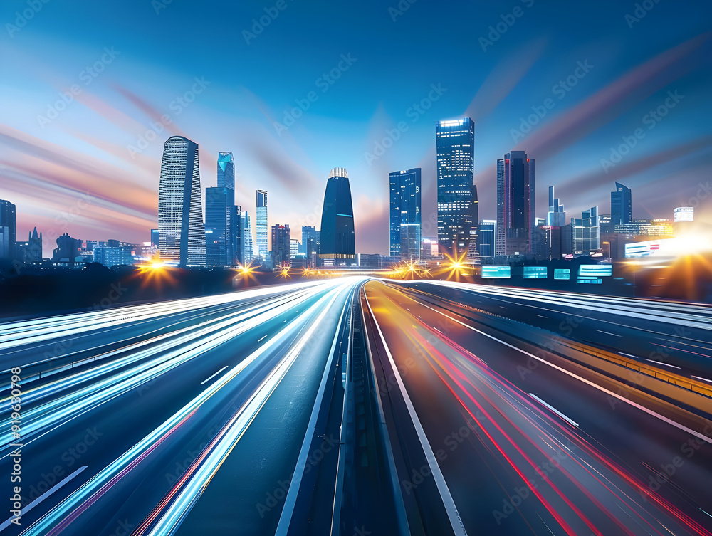 Fototapeta premium Vibrant light trails of fast-moving city traffic streak through a highway, set against a futuristic skyline at dusk, capturing urban energy and modernity.