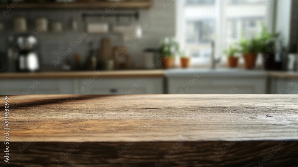Wooden table in focus with a blurred kitchen in the background, perfect for product presentation or food photography. Wooden table in focus with a blurred kitchen in the background, perfect for product presentation or food photography.