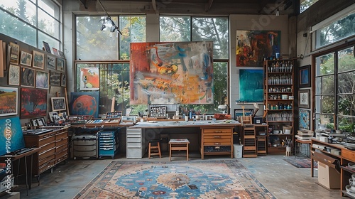 An artistic studio with colorful walls, inspirational paintings, and a variety of creative tools and supplies, featuring a large workbench covered in art materials,