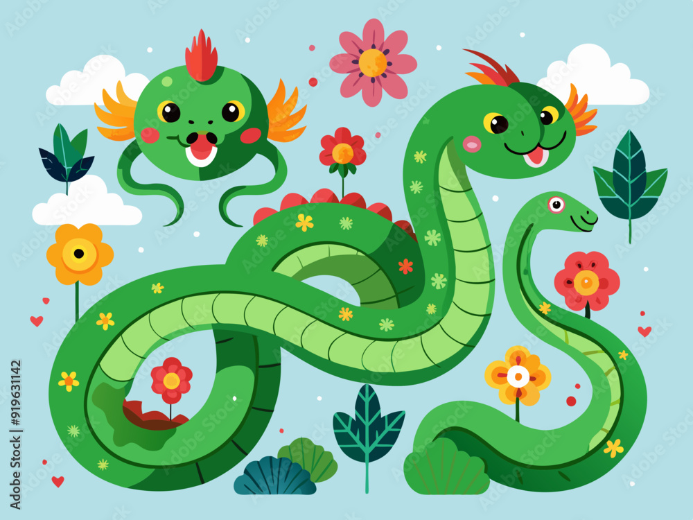 Chinese green snakes. Asian festival symbols. Cartoon cute snake with flowers and clouds. Zodiac horoscope animals. Happy character reptile in various poses. Vector set
Chinese green snakes. Asian festival symbols. Cartoon cute snake with flowers and clouds. Zodiac horoscope animals. Happy character reptile in various poses. Vector set