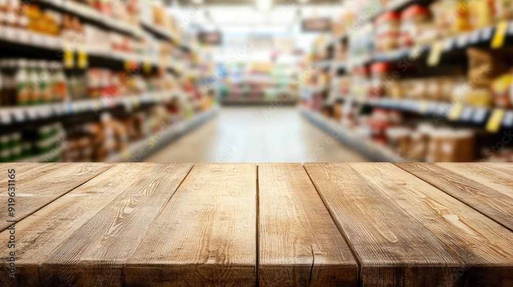 Wooden table in sharp focus with the soft blur of a grocery store aisle in the background, perfect for food or product presentations. Wooden table in sharp focus with the soft blur of a grocery store aisle in the background, perfect for food or product presentations.