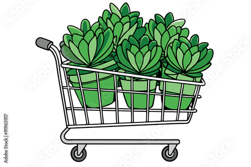 Shopping cart full of green plants vector flat illustration