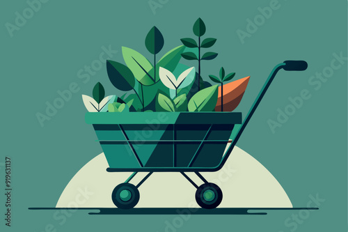Shopping cart full of green plants vector flat illustration