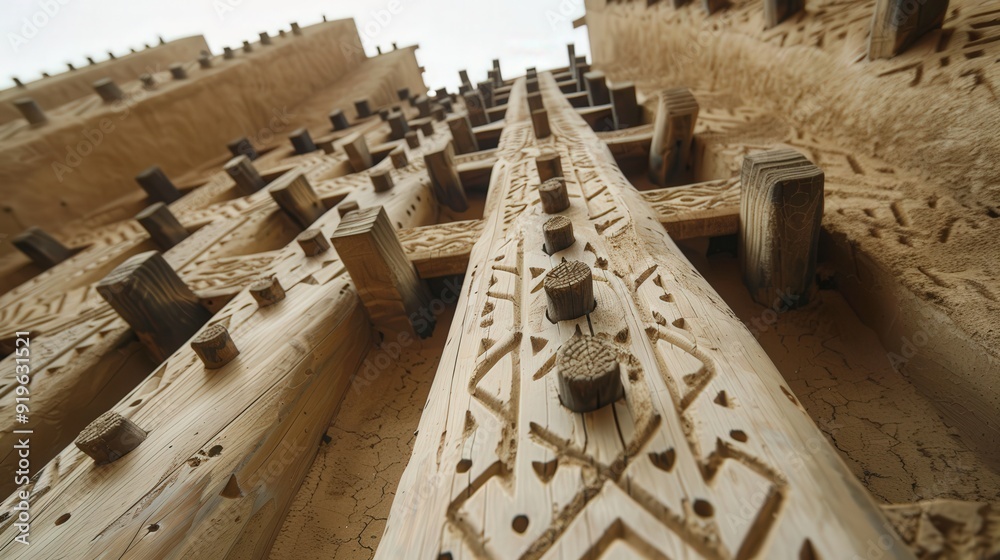 exterior with a focus on the traditional wooden beams and the detailed design of the mud-brick facade exterior with a focus on the traditional wooden beams and the detailed design of the mud-brick facade