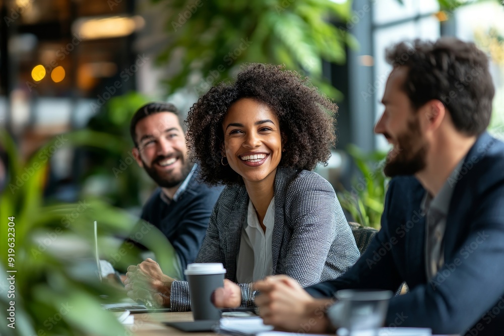 Happy businesspeople having a discussion during a meeting, Generative AI Happy businesspeople having a discussion during a meeting, Generative AI