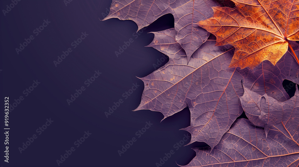 Dark blue fall season background with empty space and closeup view of purple and orange maple leaves Dark blue fall season background with empty space and closeup view of purple and orange maple leaves