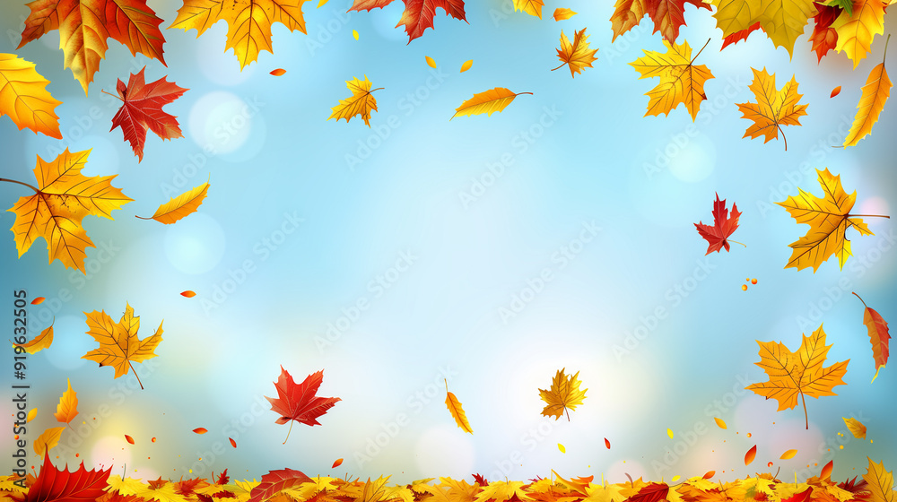 Fall season banner, invitation or greeting card with colofrul autumn maple leaves over blue sky backdrop Fall season banner, invitation or greeting card with colofrul autumn maple leaves over blue sky backdrop