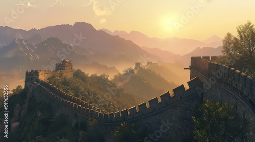 The Great Wall of China at sunset, with the fading light casting a warm, golden hue over its ancient stones photo