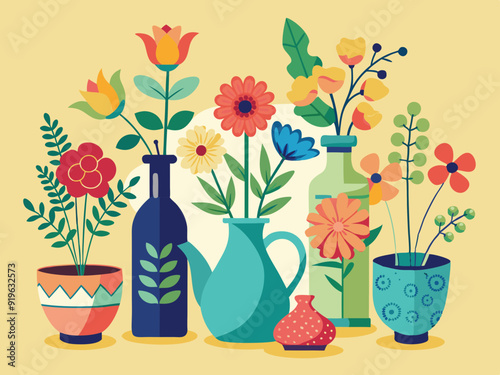 Flowers in vases. Cartoon flower bouquet in ceramic vase and glass bottle. Natural plants and decor in interiors. Celebrating flowering bouquet. Vector collection 
