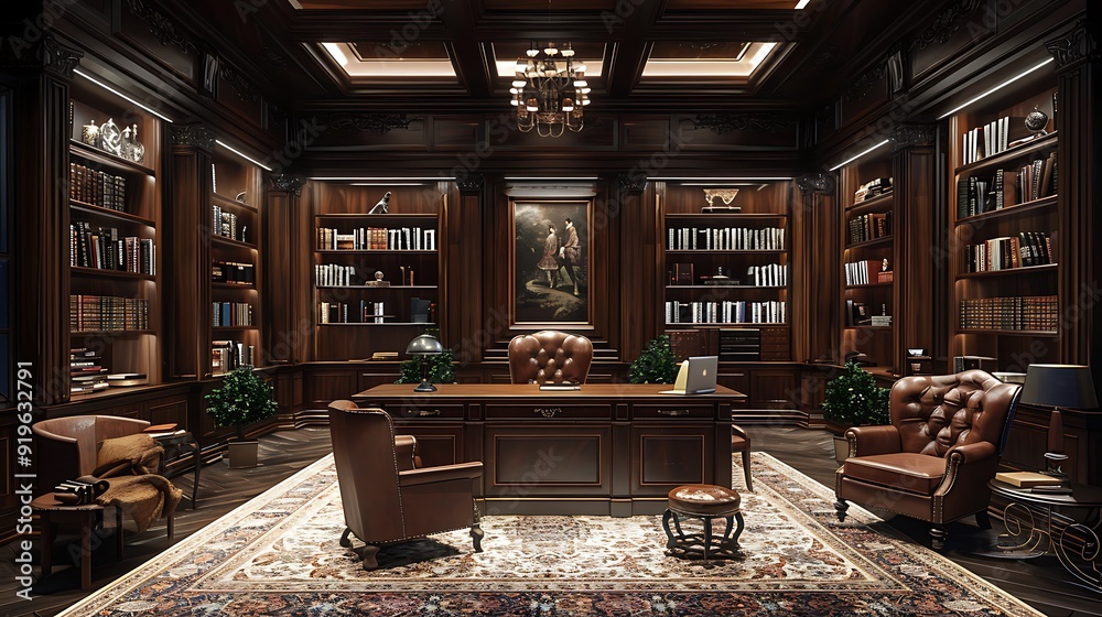 An elegant traditional office featuring dark wood furniture, leather armchairs, and classic decor, with a large mahogany desk, antique bookshelves, and rich, warm lighting creating a timeless, An elegant traditional office featuring dark wood furniture, leather armchairs, and classic decor, with a large mahogany desk, antique bookshelves, and rich, warm lighting creating a timeless,
