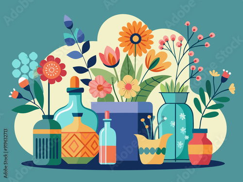 Flowers in vases. Cartoon flower bouquet in ceramic vase and glass bottle. Natural plants and decor in interiors. Celebrating flowering bouquet. Vector collection 
