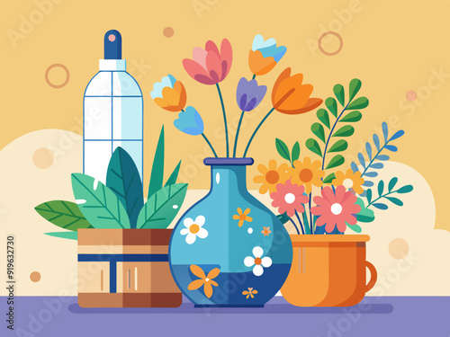 Flowers in vases. Cartoon flower bouquet in ceramic vase and glass bottle. Natural plants and decor in interiors. Celebrating flowering bouquet. Vector collection 
