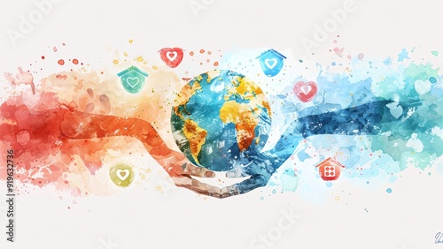 Digital Illustration Symbolizing International Day of Charity - Diverse Hands Forming a Heart with Charitable Symbols Inside