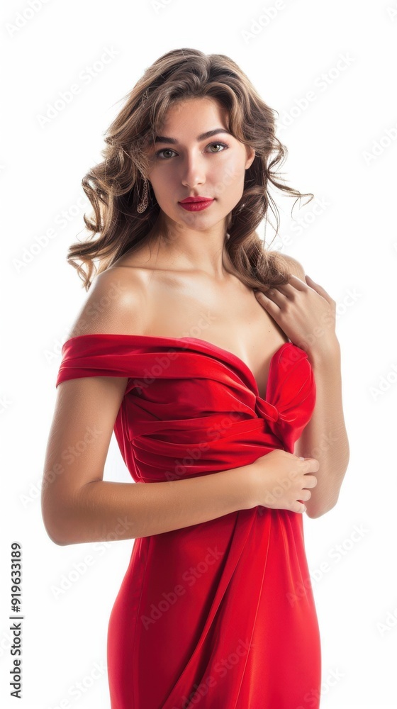 Graceful brunette woman with wavy hair wearing an off-shoulder red dress. She gazes softly with one hand on her shoulder, posing elegantly against a white background Graceful brunette woman with wavy hair wearing an off-shoulder red dress. She gazes softly with one hand on her shoulder, posing elegantly against a white background
