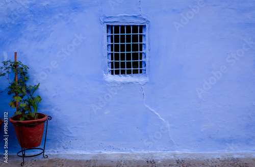 black window in a blue wall 