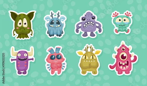 Funny Monster Character as Toothy and Hairy Mutant with Friendly Face Vector Sticker Set
