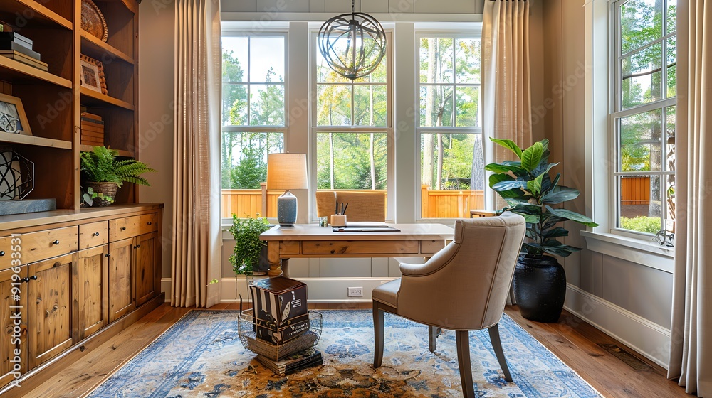 Fototapeta premium An inviting home office with a plush armchair, a sleek wooden desk, personal decor such as books and plants, large windows bringing in natural light, and a cozy, comfortable feel, hd quality,
