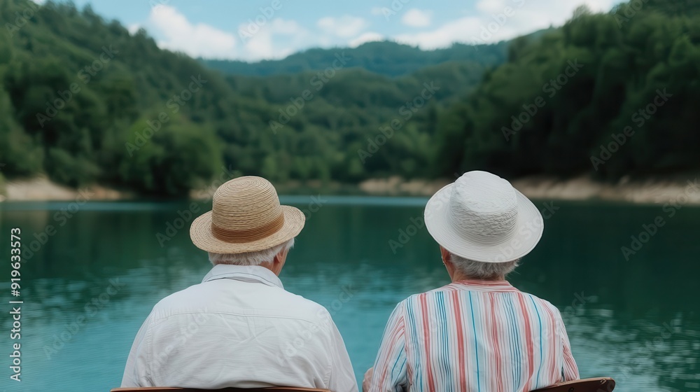Two elderly people relax by a serene lake, enjoying nature's beauty together under sunny skies. Two elderly people relax by a serene lake, enjoying nature's beauty together under sunny skies.