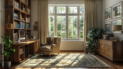 Wallpaper Mural An inviting home office with a plush armchair, a sleek wooden desk, personal decor such as books and plants, large windows bringing in natural light, and a cozy, comfortable feel, hd quality, Torontodigital.ca