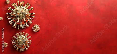 Golden 3D Coronavirus cells on red background, microscopic virus close up. Healthcare, medical and science concept. Copy space.