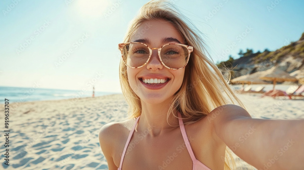 Portrait of smiling young woman taking a selfie at beach during. Cheerful blond woman enjoying at beach during holiday. Happy girl taking photo over exotic tropical beach looking at camera. Portrait of smiling young woman taking a selfie at beach during. Cheerful blond woman enjoying at beach during holiday. Happy girl taking photo over exotic tropical beach looking at camera.