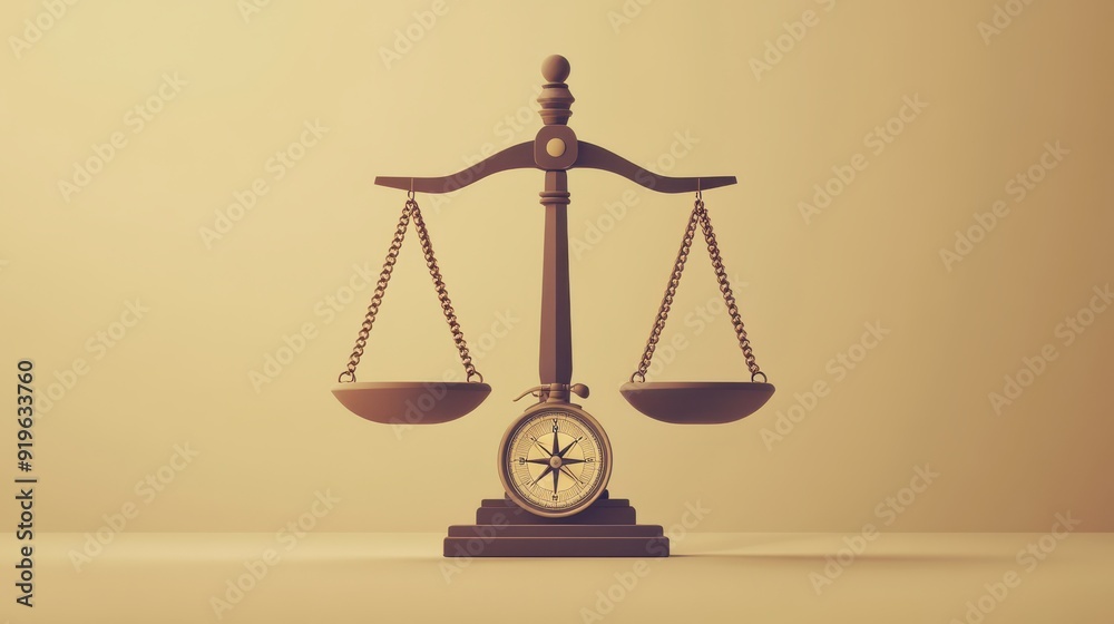 Justice scales with a compass, guiding moral decisions, flat design illustration, 3d style Justice scales with a compass, guiding moral decisions, flat design illustration, 3d style