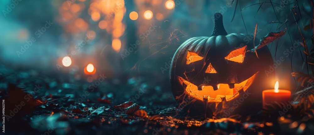 Fototapeta premium A grinning Jack-o'-lantern glows beside a lit candle on a dark, misty forest floor. Blurred bokeh lights in the background enhance the eerie, festive Halloween atmosphere.