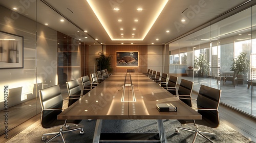 An upscale corporate boardroom featuring a long conference table, executive chairs, state-of-the-art presentation tools, contemporary decor, and ambient lighting, photo